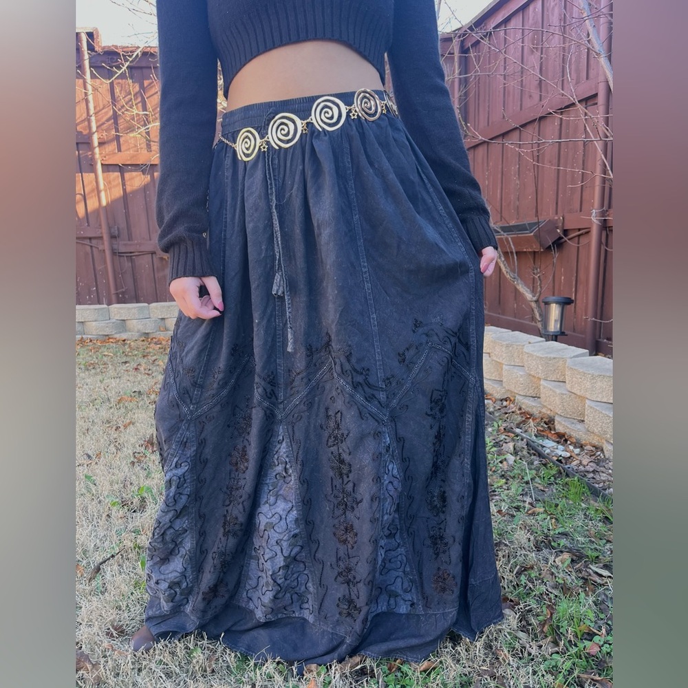 Chic Whimsy Goth Ash Black Embroidered Maxi Skirt - Picture 5 of 14